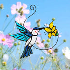 Blue Glass Bird Suncatcher with Yellow Flower Window Decor Handmade Gift - DiyGiftly