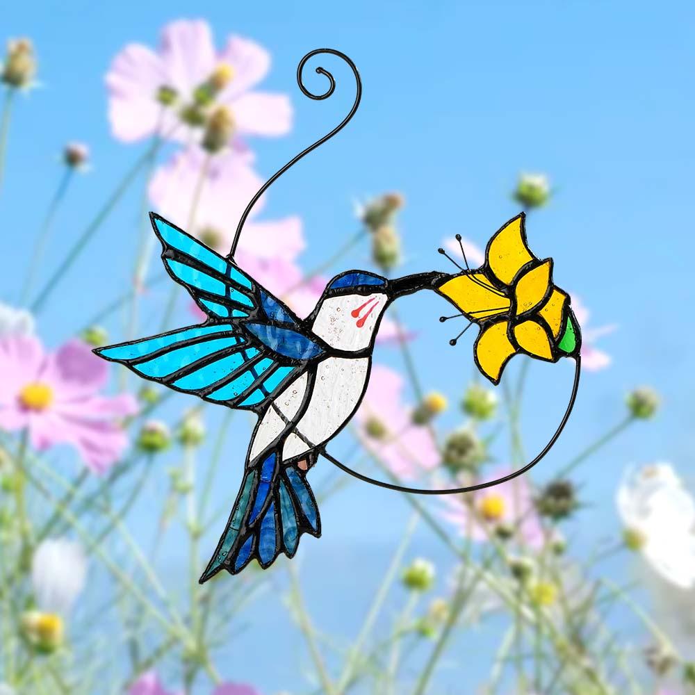 Blue Glass Bird Suncatcher with Yellow Flower Window Decor Handmade Gift - DiyGiftly