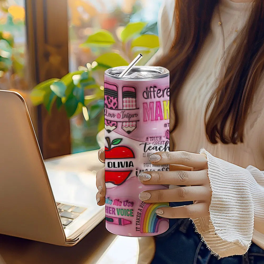 Personalized 3D Apple Pencil Design 20oz Skinny Tumbler Lid and Straw Back to School Gift for Teacher