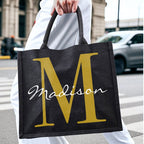 Personalized Black Canvas Bag with Name and Initial Birthday Wedding Party Gift for Women
