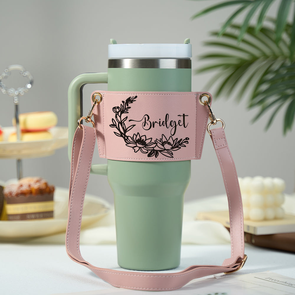 Personalized Floral Pattern Water Bottle Carrier Bag with Adjustable Strap for 40oz Stanley Tumbler Gift for Her