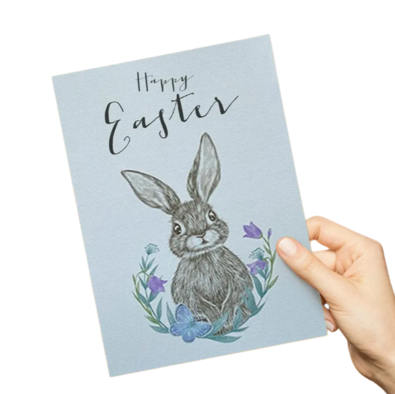 Happy Easter Greeting Card with Cute Bunny, Flowers and Butterflies Gift Card