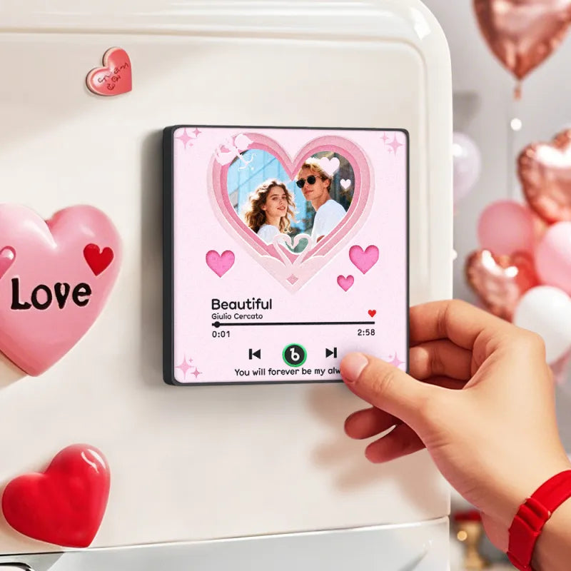 FridgeBeats Framed 4.0 Custom Music Fridge Magnet with Pink Hearts Personalized Photo Music Gift Best Valentines Gift for Couples