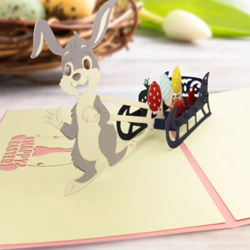 Easter Bunny Pulling a Cart of Colorful Eggs 3D Pop-Up Greeting Card