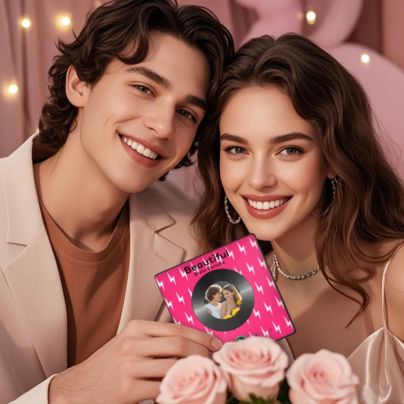 FridgeBeats Framed 4.0 Custom Photo Fridge Magnet with Pink Lightning Pattern Vinyl Cover Photo Music Player Fridge Magnet Valentines Gift