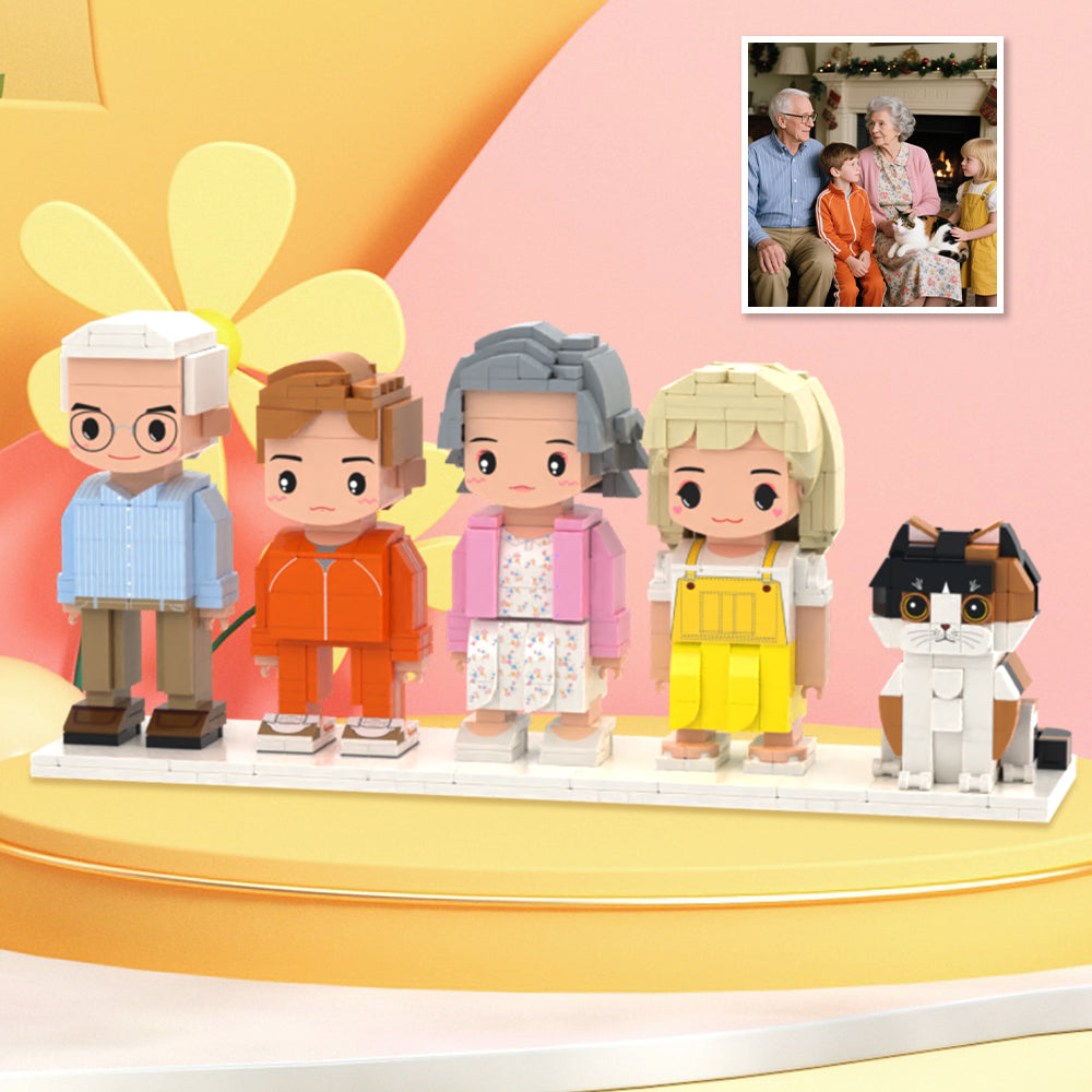 Custom Full-Body Cute Brick Figures of 4 People and 1 Cat Personalized Anniversary Gift Birthday Gift