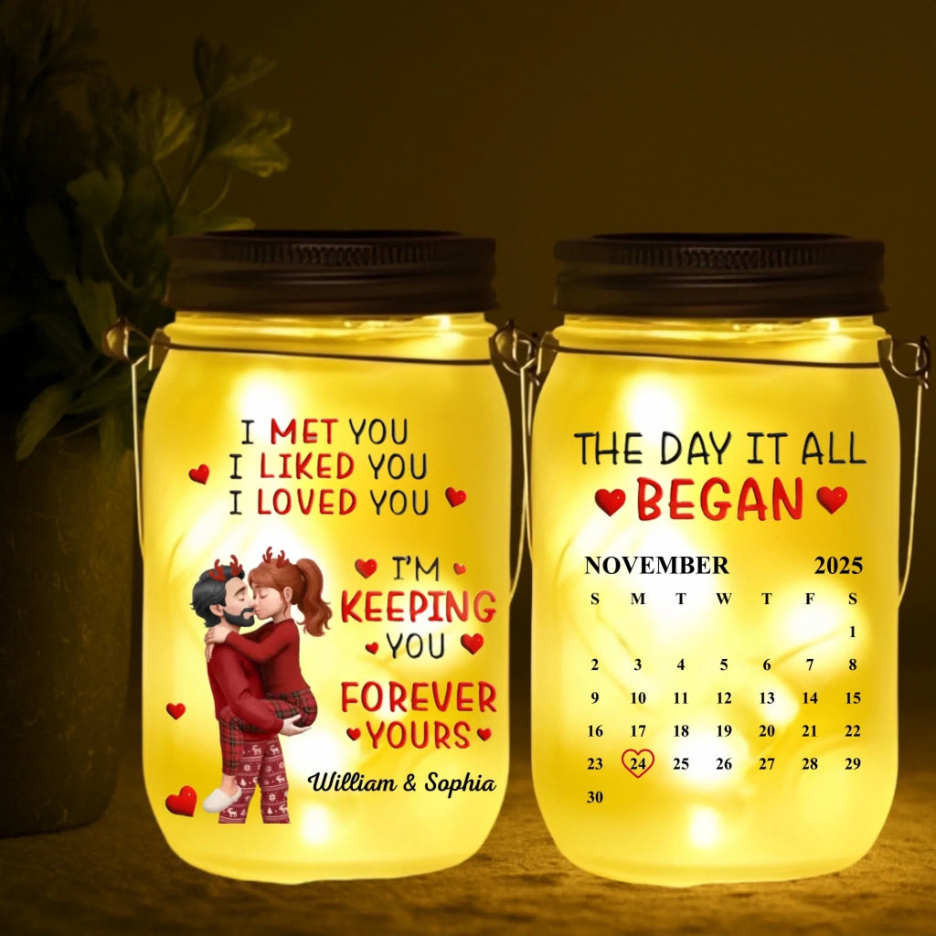 “Calendar I Met You Liked You Love You Forever” Personalized Mason Jar Light – Custom Engraved LED Glass Jar Night Light, Anniversary Gift for Couple, Romantic Date Calendar Keepsake, Custom Name & Date Bedroom Decor 1058539 - DiyGiftly