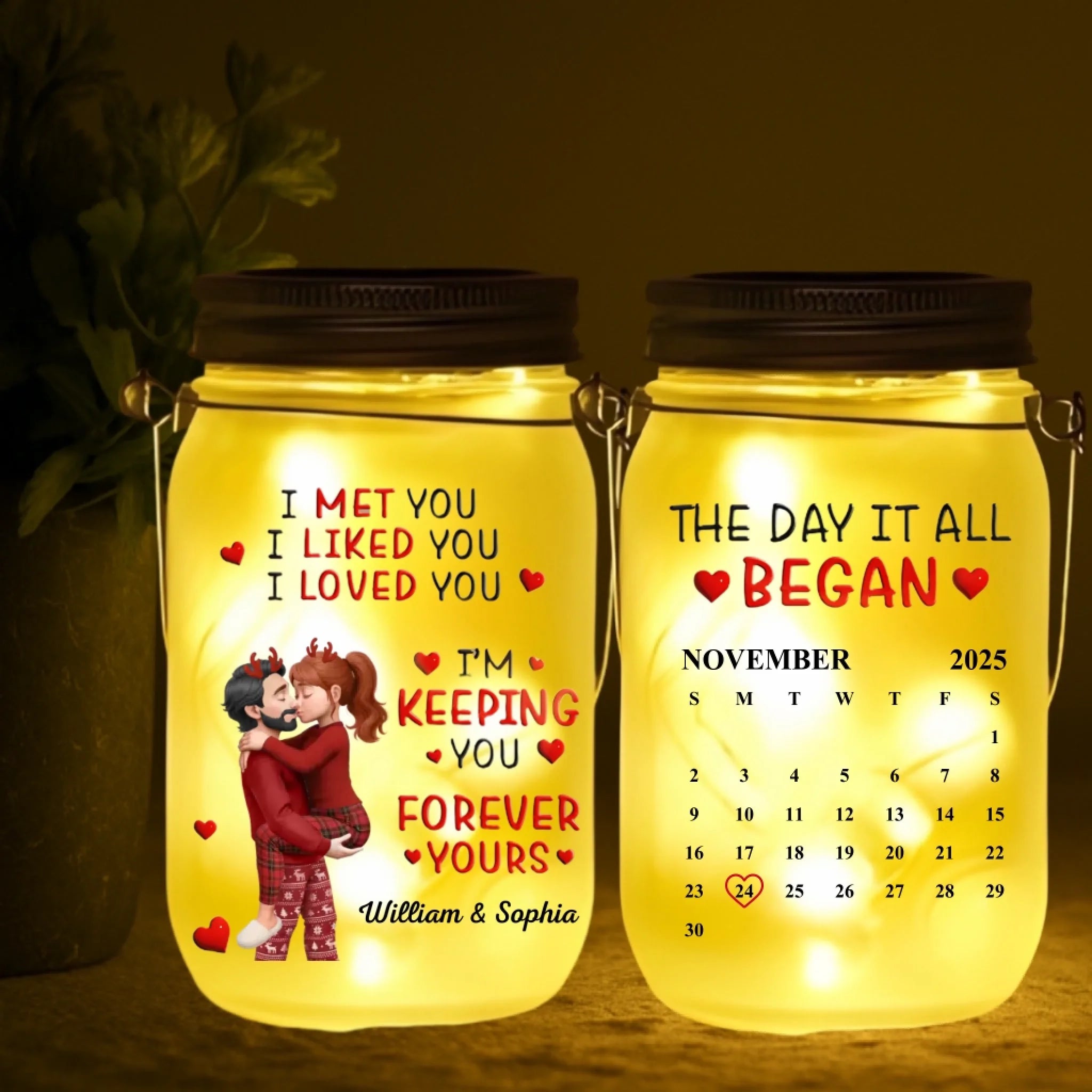 “Calendar I Met You Liked You Love You Forever” Personalized Mason Jar Light – Custom Engraved LED Glass Jar Night Light, Anniversary Gift for Couple, Romantic Date Calendar Keepsake, Custom Name & Date Bedroom Decor 1058539 - DiyGiftly