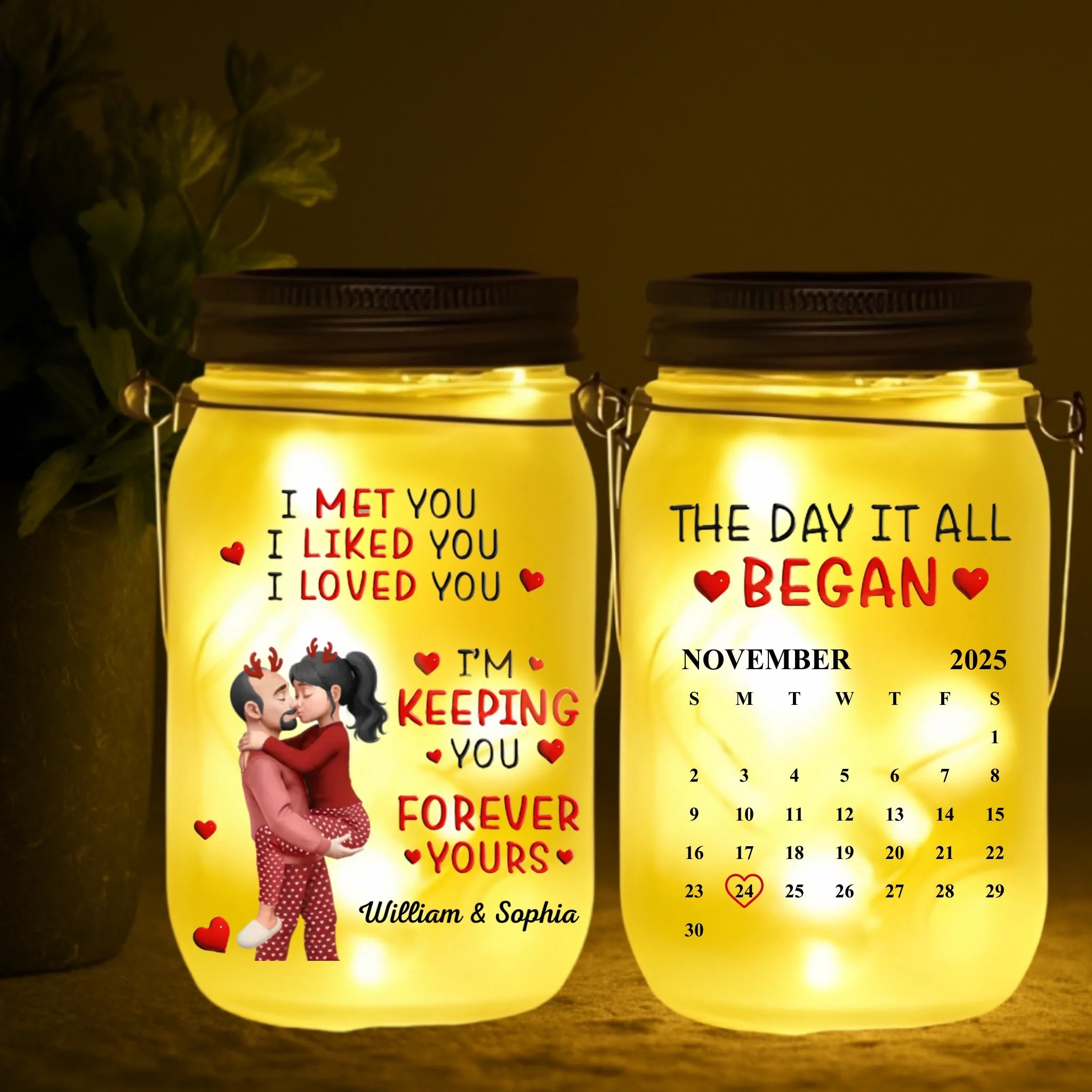 “Calendar I Met You Liked You Love You Forever” Personalized Mason Jar Light – Custom Engraved LED Glass Jar Night Light, Anniversary Gift for Couple, Romantic Date Calendar Keepsake, Custom Name & Date Bedroom Decor 1058539 - DiyGiftly