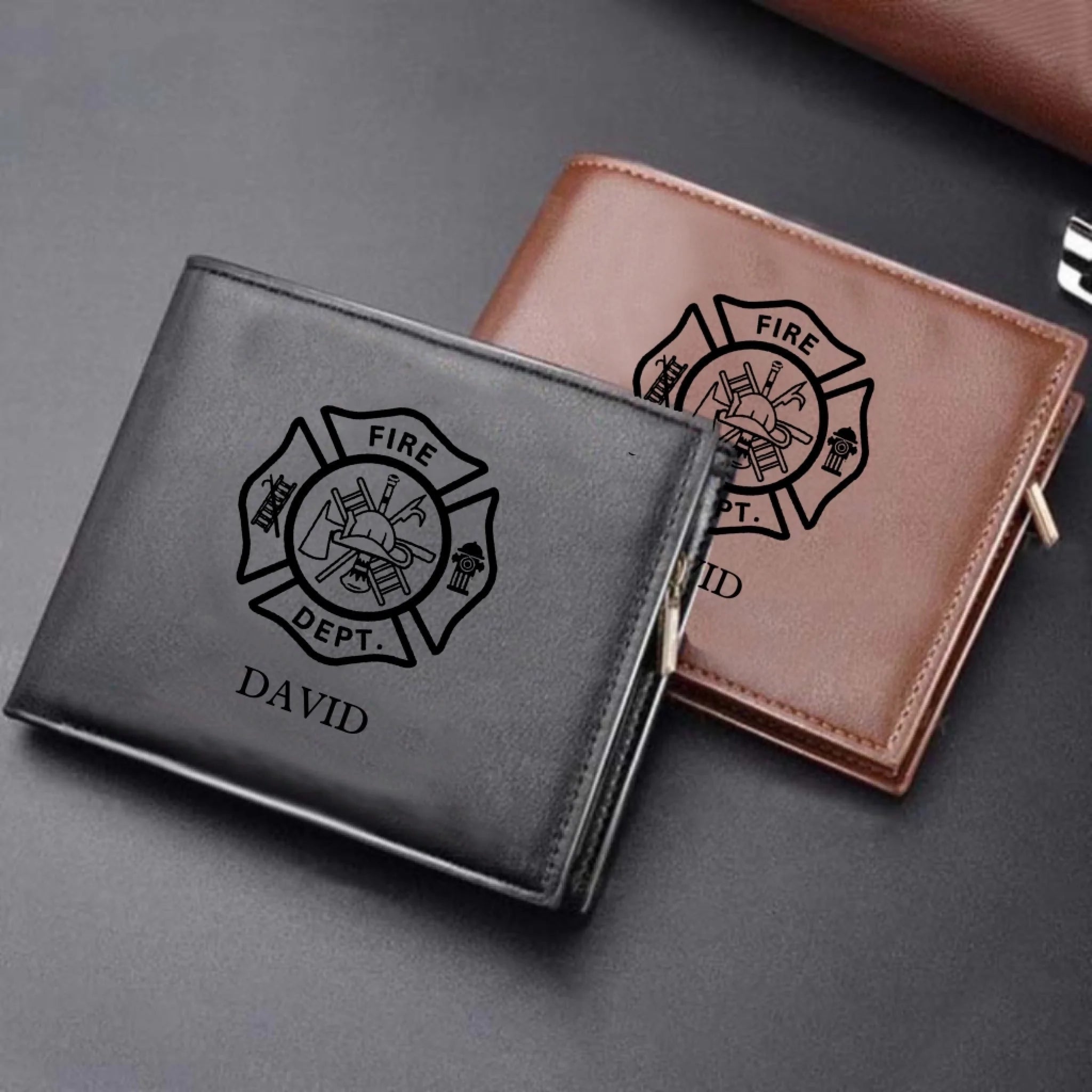Firefighter themed Personalized Leather Wallet with Maltese Cross Craftsmanship Gift black