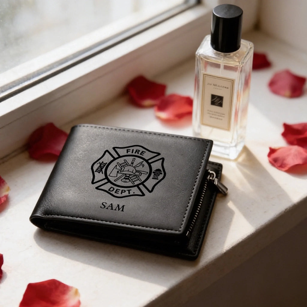 Firefighter themed Personalized Leather Wallet with Maltese Cross Craftsmanship Gift brown