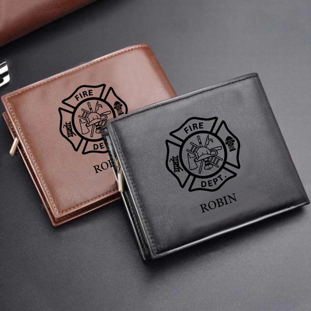 Firefighter themed Personalized Leather Wallet with Maltese Cross Craftsmanship Gift double sided printing