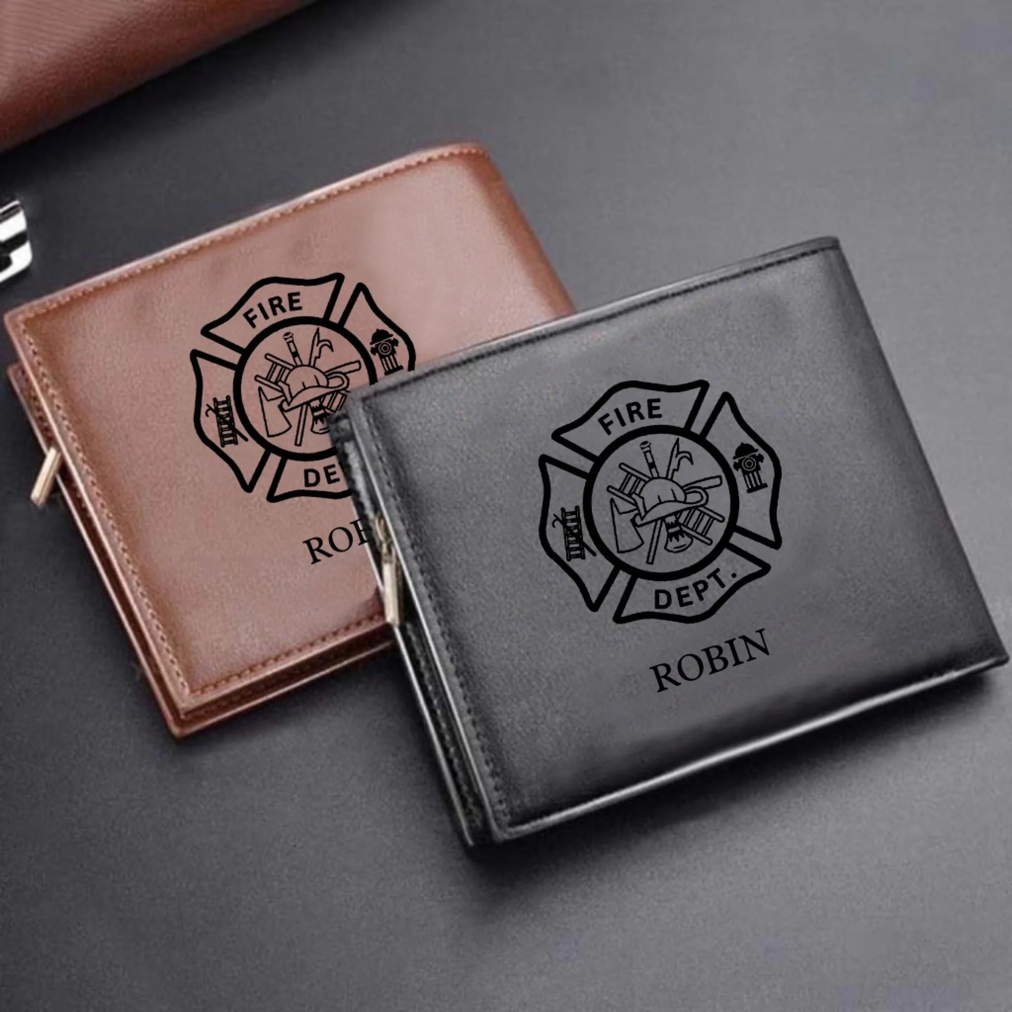 Firefighter themed Personalized Leather Wallet with Maltese Cross Craftsmanship Gift double sided printing