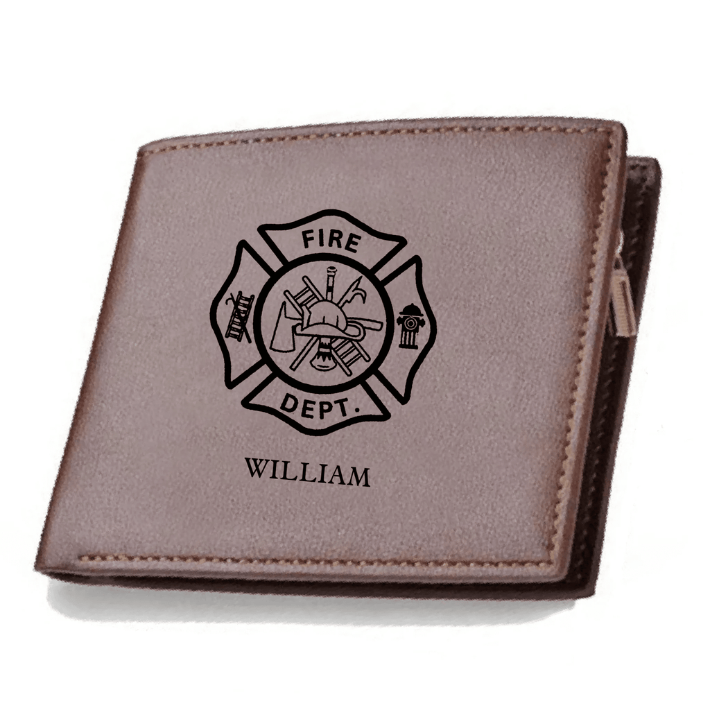Firefighter themed Personalized Leather Wallet with Maltese Cross Craftsmanship Gift close view