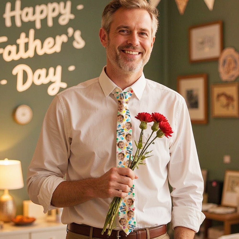 Custom Face “Best Dad Hands Down” Necktie – Father’s Day Gift Birthday Gift
