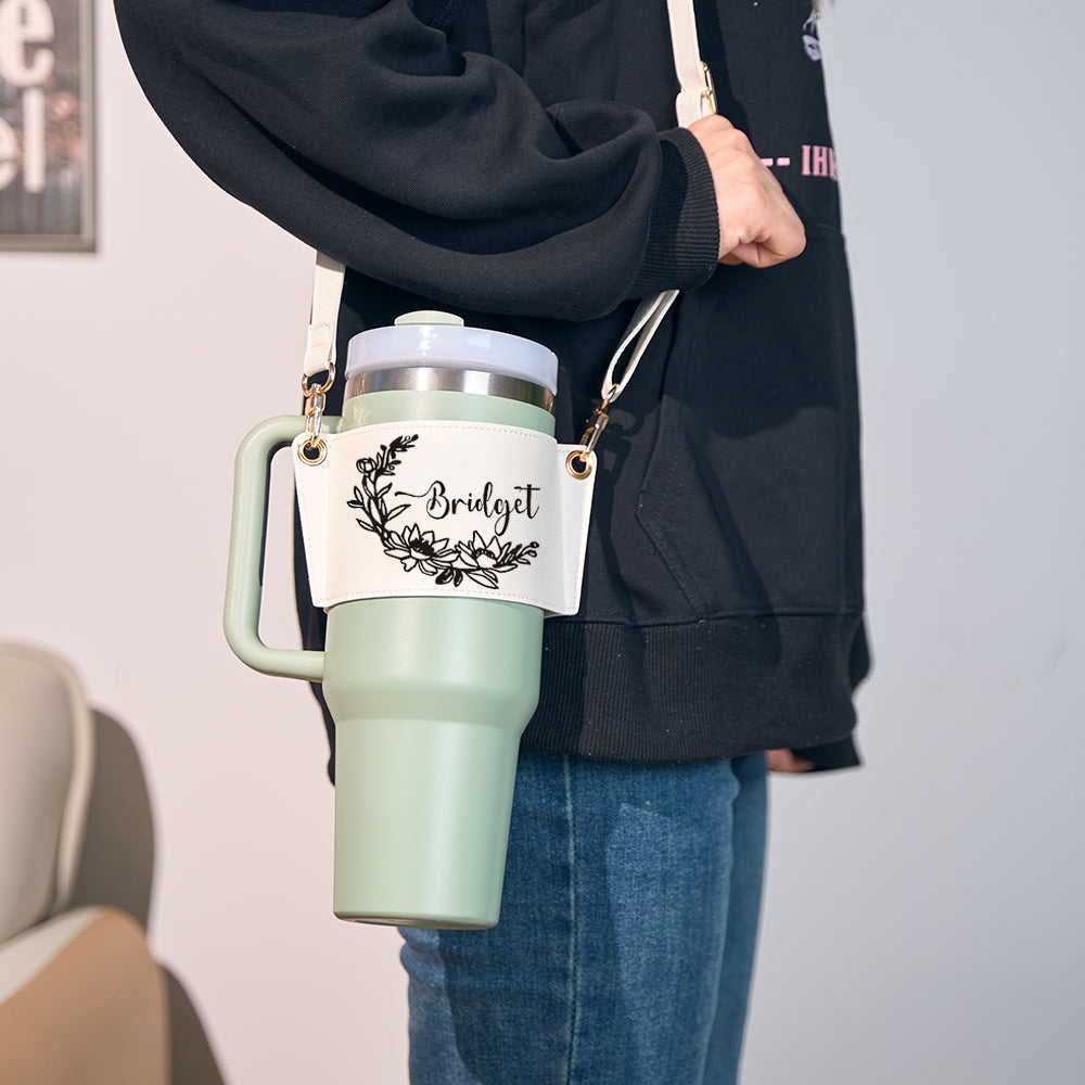 Personalized Floral Pattern Water Bottle Carrier Bag with Adjustable Strap for 40oz Stanley Tumbler Gift for Her