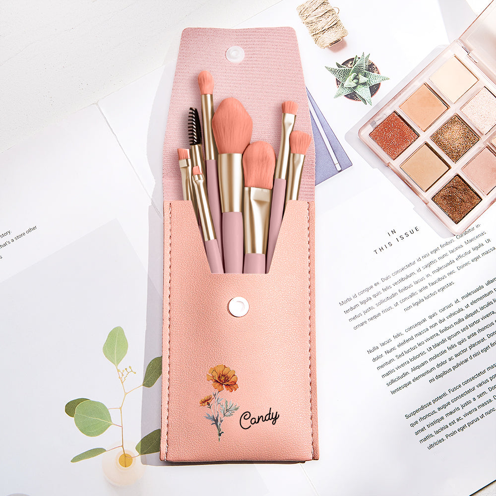 Custom Engraved Birth Flower Makeup Brush Set Wedding Gift
