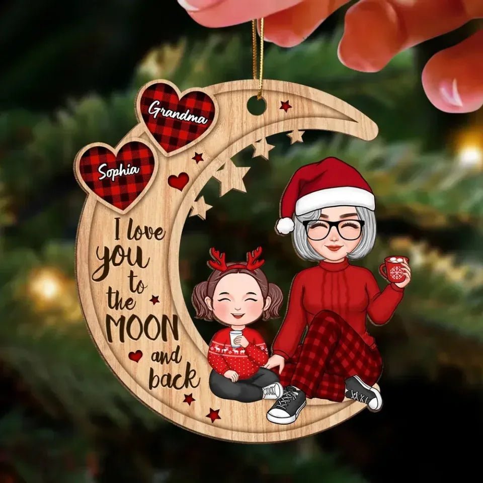 grandma and grandkid on moon wooden ornament personalized names grandparents day gift