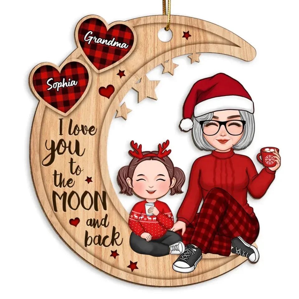 grandma and grandkid on moon moonlight illustration wooden ornament grandparents day gift
