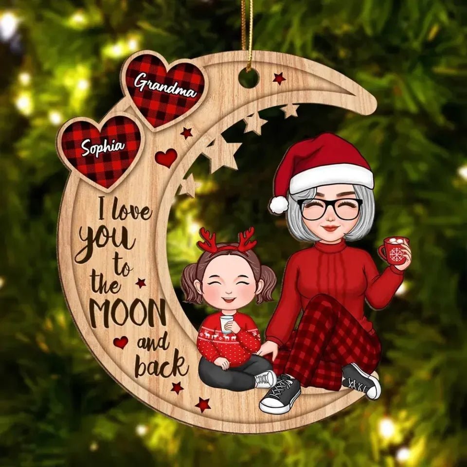 grandma and grandkid on moon wooden ornament personalized names moonlight illustration grandparents day gift