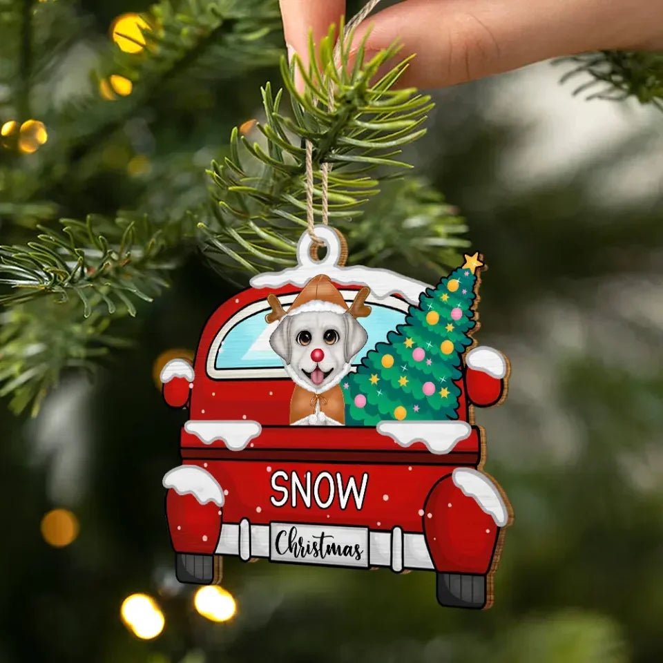 Chirstmas Dog Cat With Red Truck - Personalized Wooden Cutout Ornament 687346 - DiyGiftly