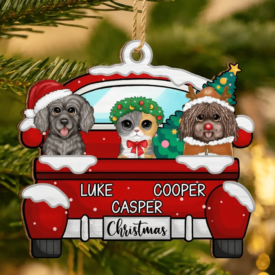 Chirstmas Dog Cat With Red Truck - Personalized Wooden Cutout Ornament 687346 - DiyGiftly