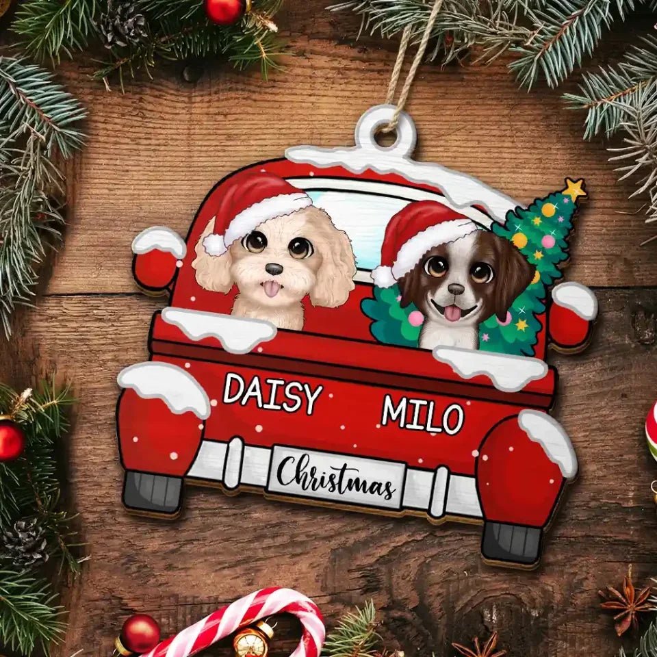 Chirstmas Dog Cat With Red Truck - Personalized Wooden Cutout Ornament 687346 - DiyGiftly