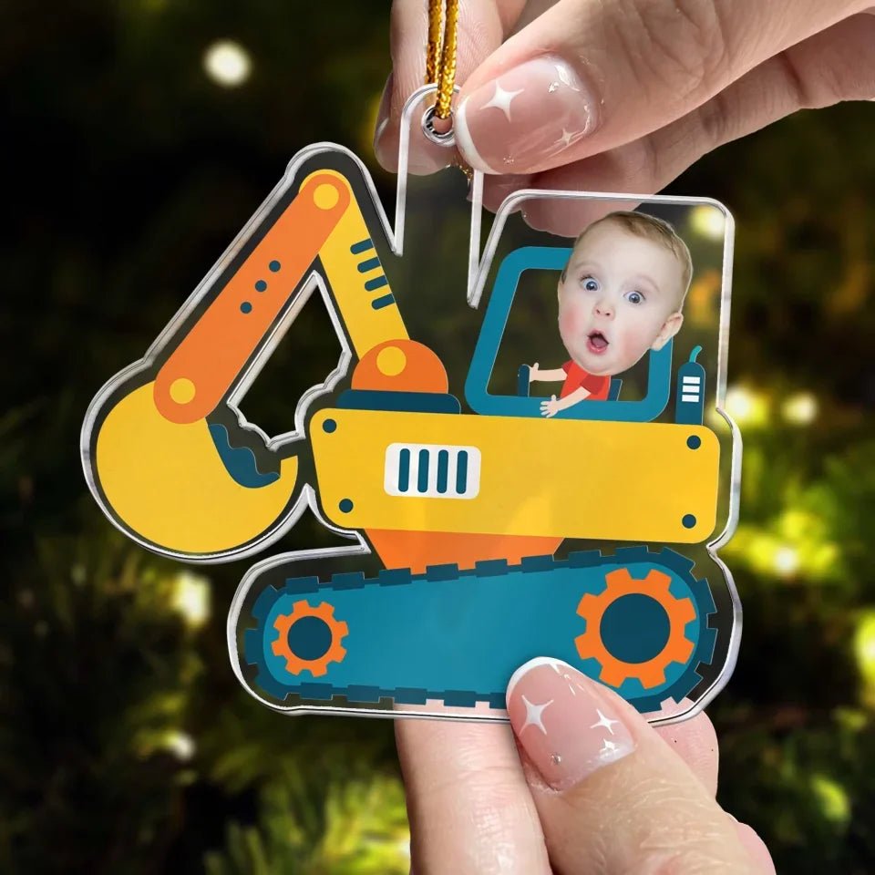 Christmas Boy Riding Construction Vehicle - Personalized Babys Photo First Christmas Ornament 683222 - DiyGiftly