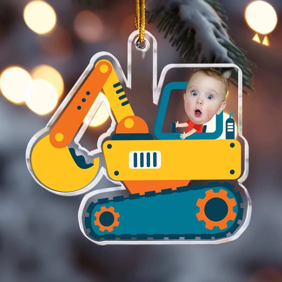 Christmas Boy Riding Construction Vehicle - Personalized Babys Photo First Christmas Ornament 683222 - DiyGiftly