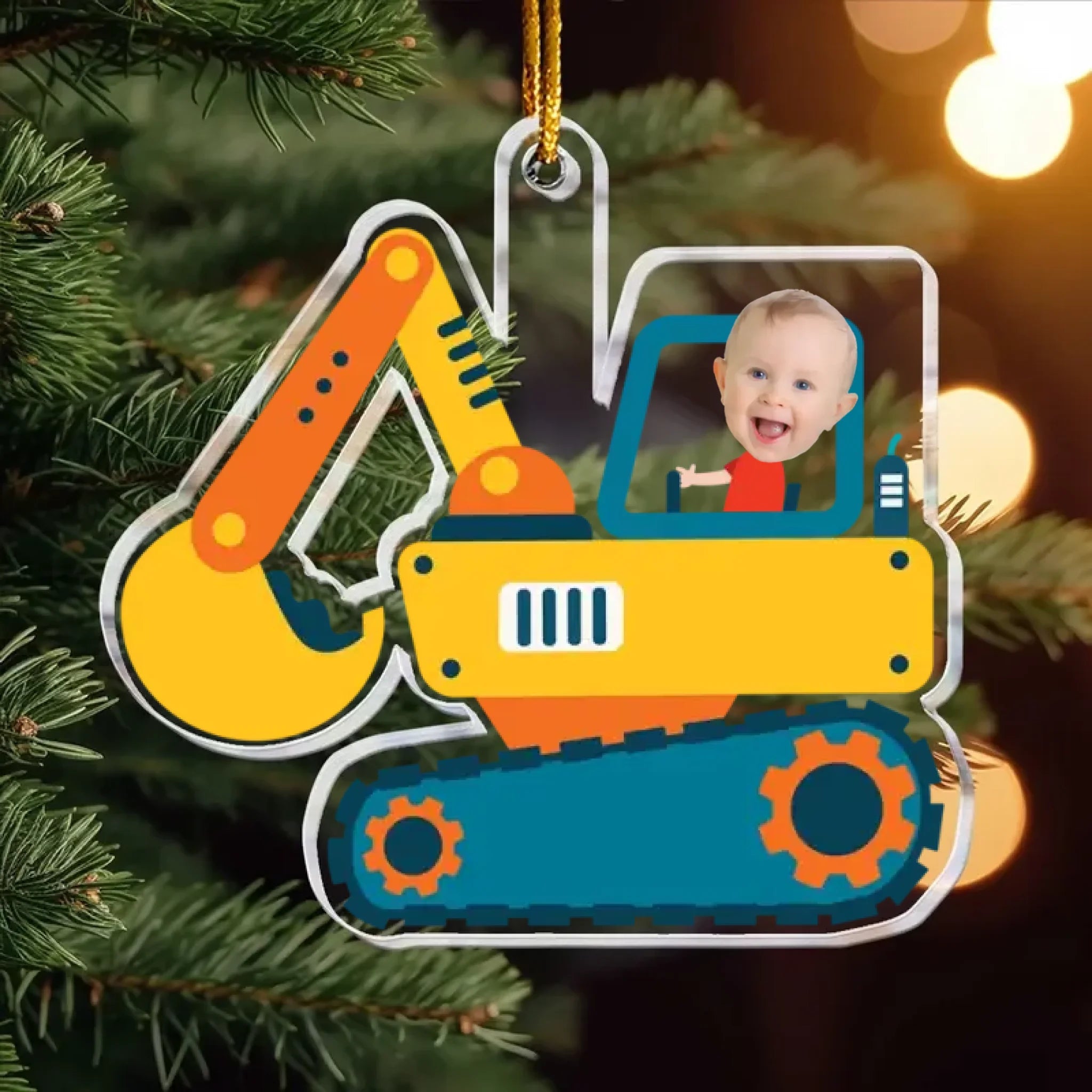 Christmas Boy Riding Construction Vehicle - Personalized Babys Photo First Christmas Ornament 683222 - DiyGiftly