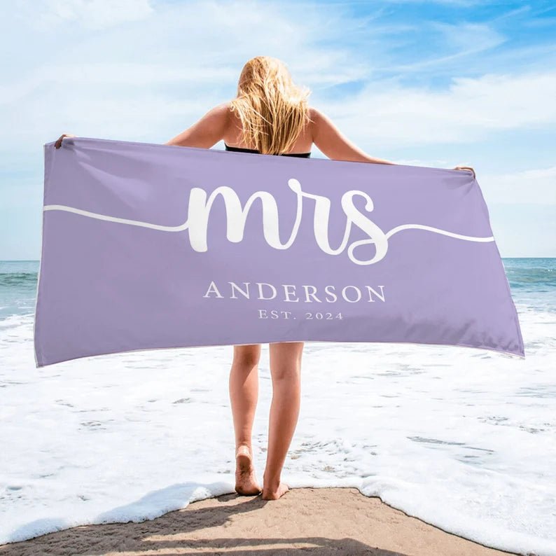 Couple Mr. Mrs. Beach Towel, Matching Custom Bath Towels, Groom Bride Towel, Personalized Honeymoon Gift, Newlywed Anniversary Wedding Gift 14590208 - DiyGiftly
