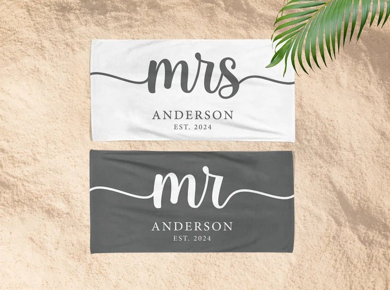 Couple Mr. Mrs. Beach Towel, Matching Custom Bath Towels, Groom Bride Towel, Personalized Honeymoon Gift, Newlywed Anniversary Wedding Gift 14590208 - DiyGiftly