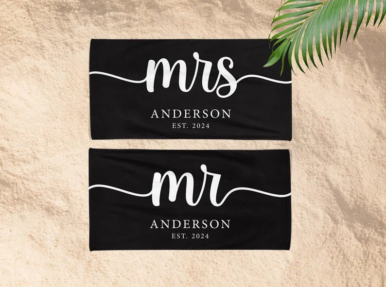 Couple Mr. Mrs. Beach Towel, Matching Custom Bath Towels, Groom Bride Towel, Personalized Honeymoon Gift, Newlywed Anniversary Wedding Gift 14590208 - DiyGiftly