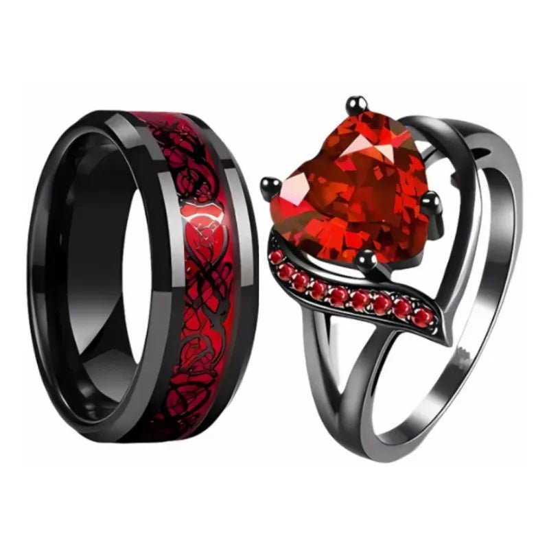 Couple Promise Rings Couple Rings Set Men’s Celtic Dragon Stainless Steel Ring & Women’s Red Heart Zircon Ring Romantic Valentine’s Gift - DiyGiftly
