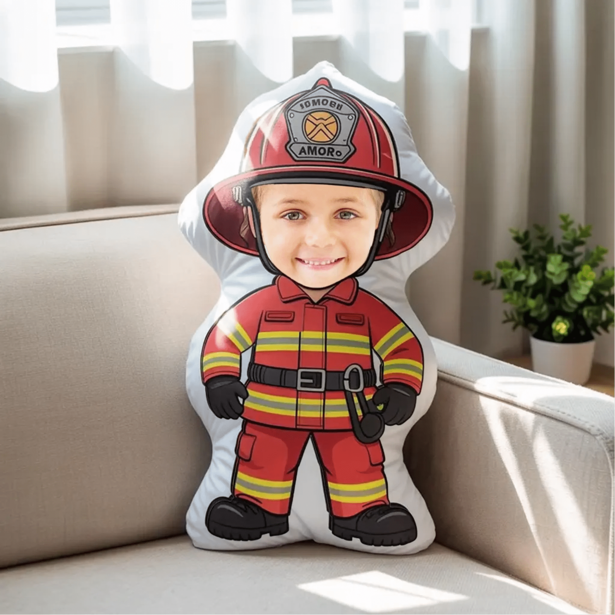 Custom Firefighter Pillow 3D Kids Face Ugly Pillow Personalized Fireman Outfit Design main image