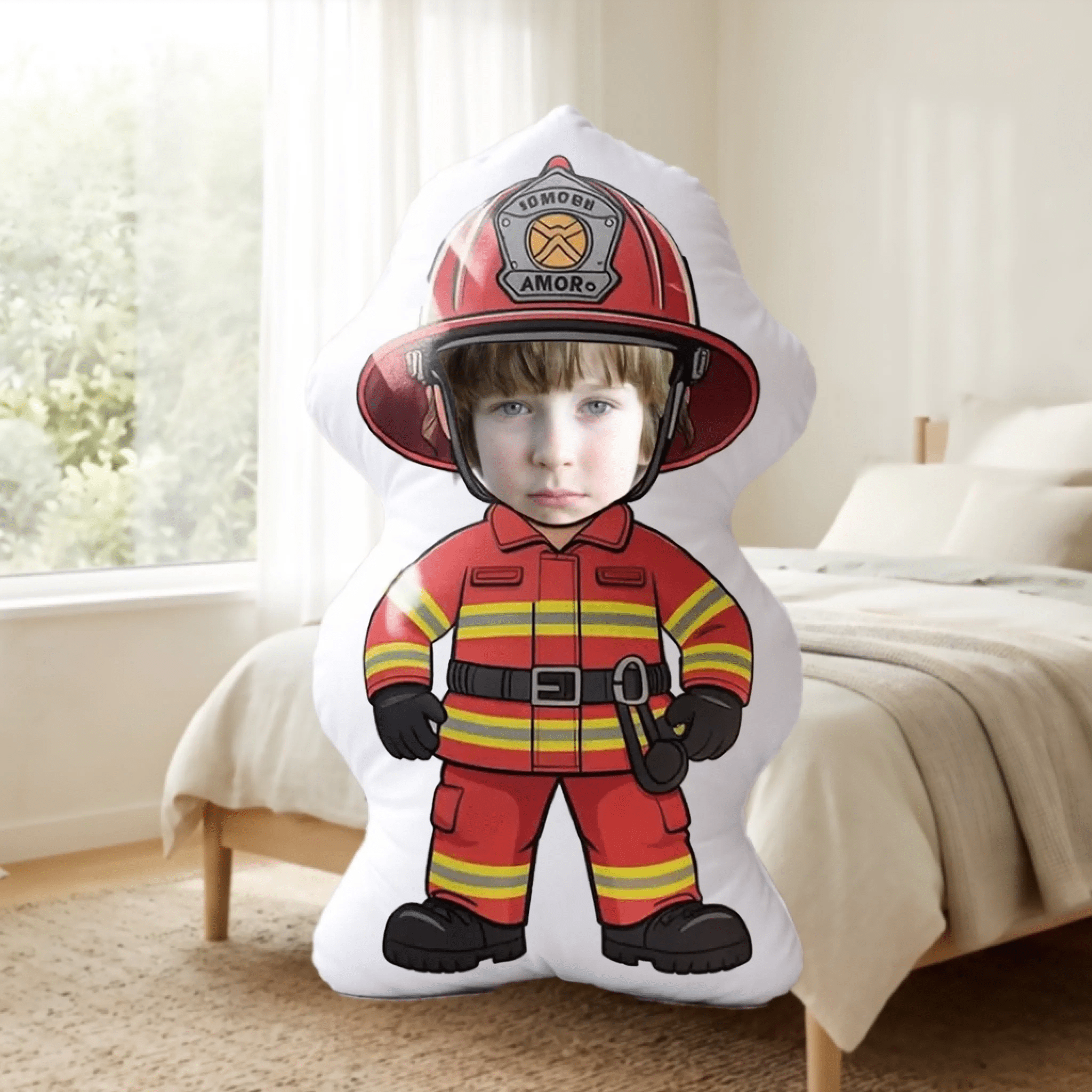 Custom Firefighter Pillow 3D Kids Face Ugly Pillow Personalized Fireman Outfit Design custom face detail