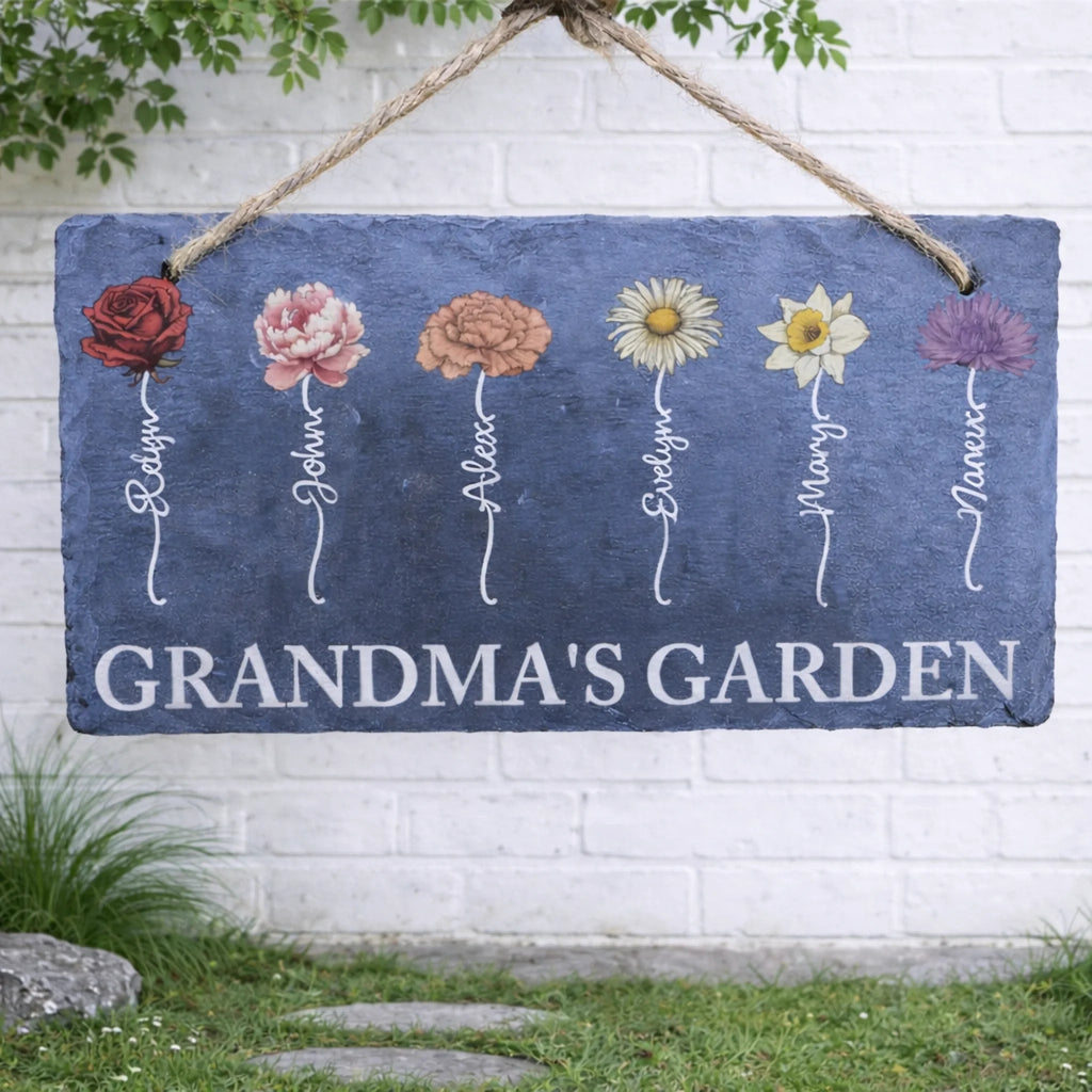 Grandmas garden slate garden sign personalized birth flower rustic outdoor floral marker