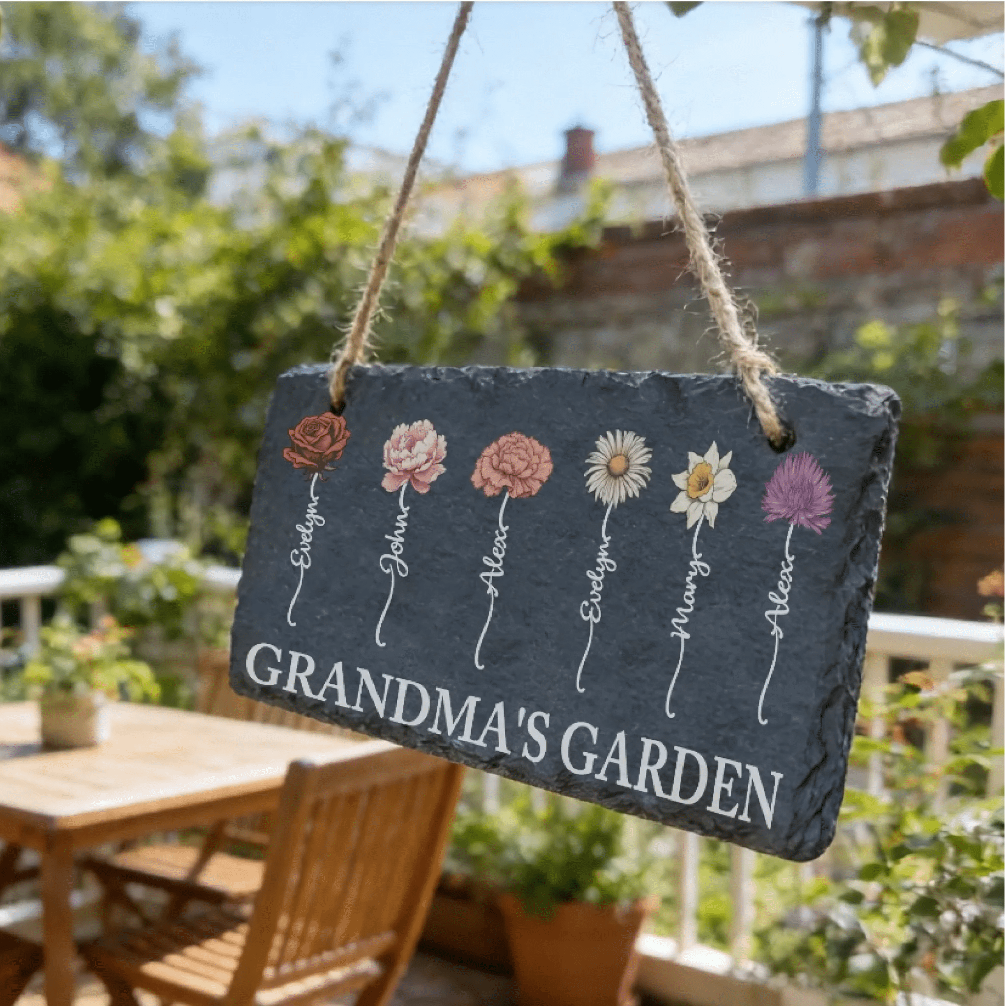 Slate garden sign with personalized birth flower rustic outdoor floral marker mothers day gift for grandparents
