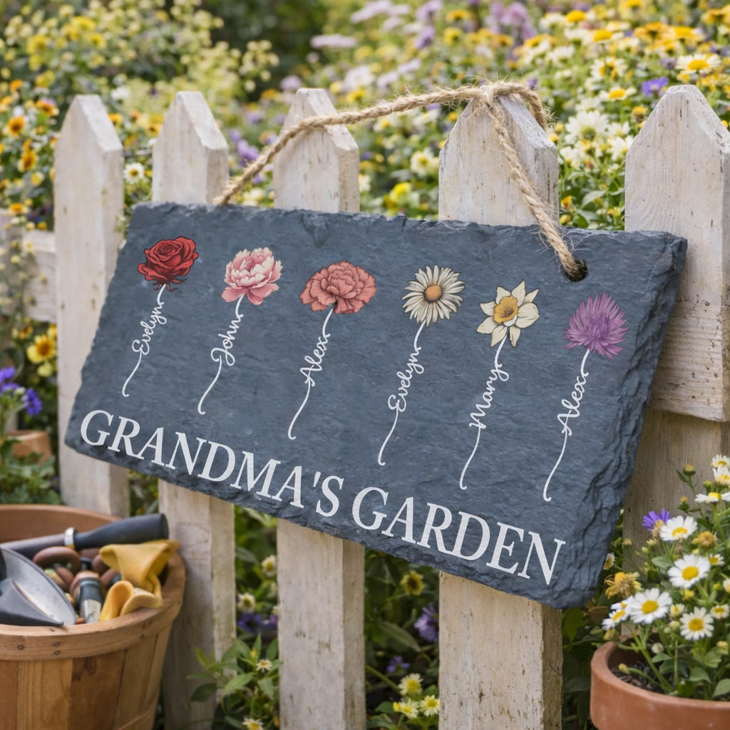 Personalized birth flower slate garden sign rustic outdoor floral marker mothers day gift for grandparents