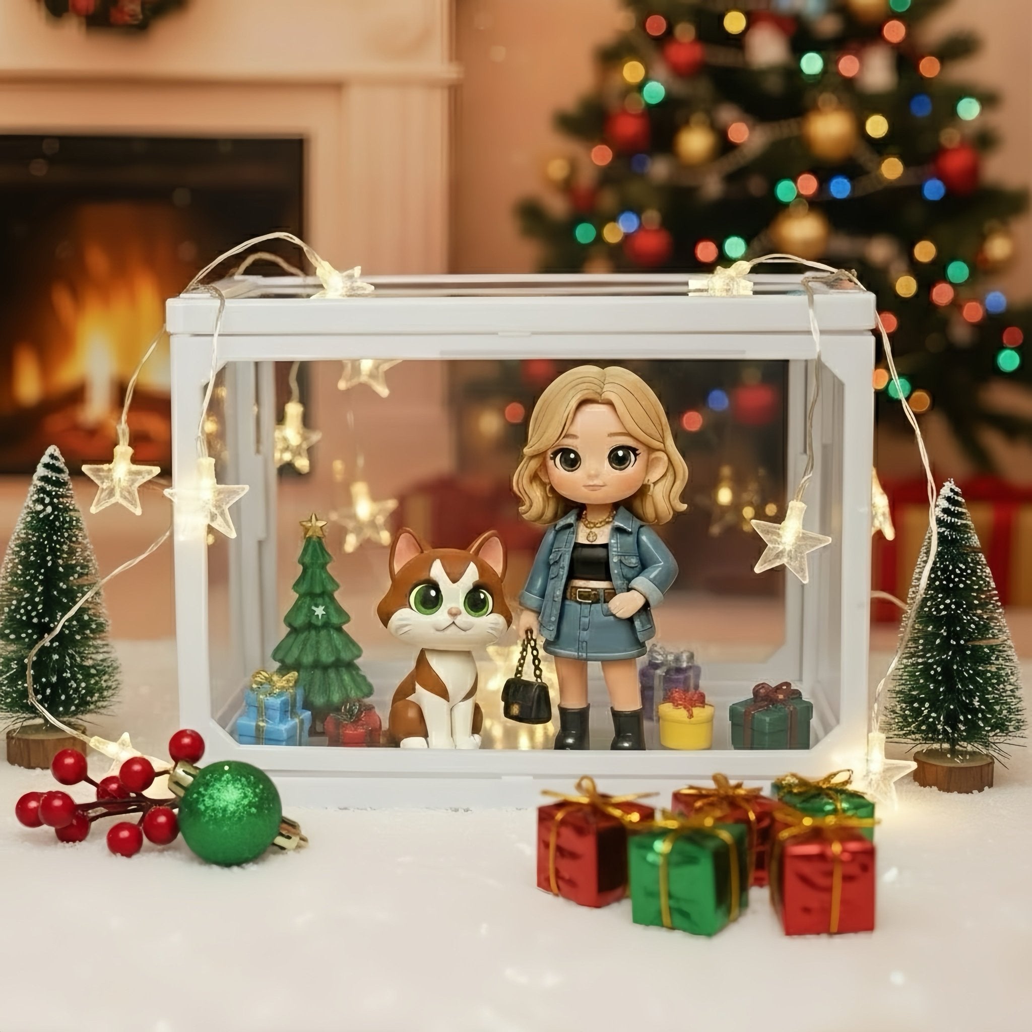 Custom 1 Person & 1 Pet 3D Mini Figure Glass Dollhouse Christmas Scene Display Case Unique Christmas Gift (Production: 10 - 15 Business Day) - DiyGiftly