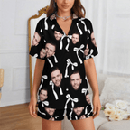 Custom 2 Faces Short Sleeve Pajama with Bowknot Pattern Prints Valentine's Day Gift for Her - DiyGiftly