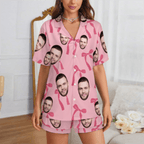 Custom 2 Faces Short Sleeve Pajama with Bowknot Pattern Prints Valentine's Day Gift for Her - DiyGiftly