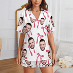 Custom 2 Faces Short Sleeve Pajama with Bowknot Pattern Prints Valentine's Day Gift for Her - DiyGiftly