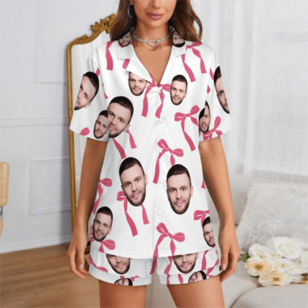 Custom 2 Faces Short Sleeve Pajama with Bowknot Pattern Prints Valentine's Day Gift for Her - DiyGiftly