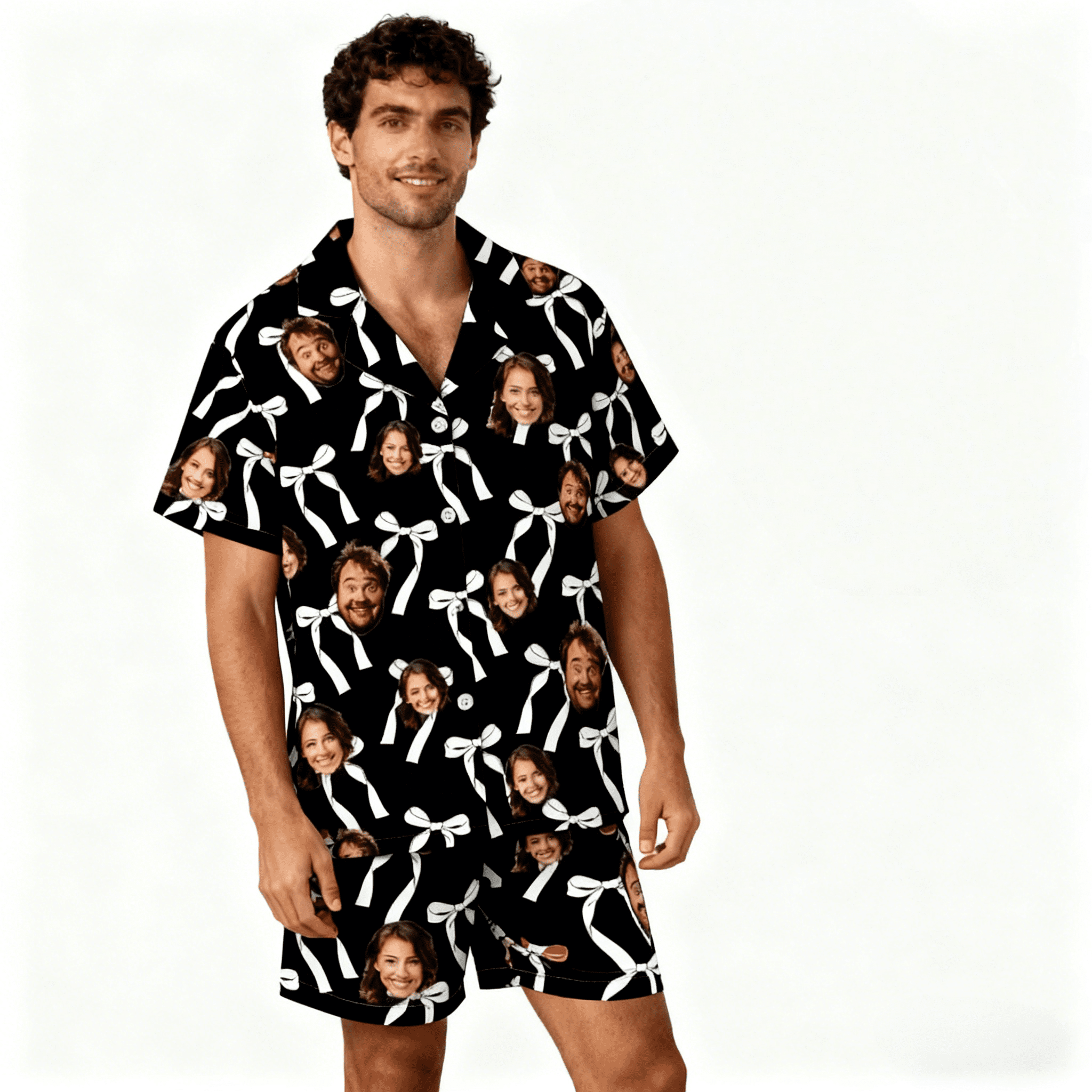 Custom 2 Faces Short Sleeve Pajama with Bowknot Pattern Prints Valentine's Day Gift for Her - DiyGiftly