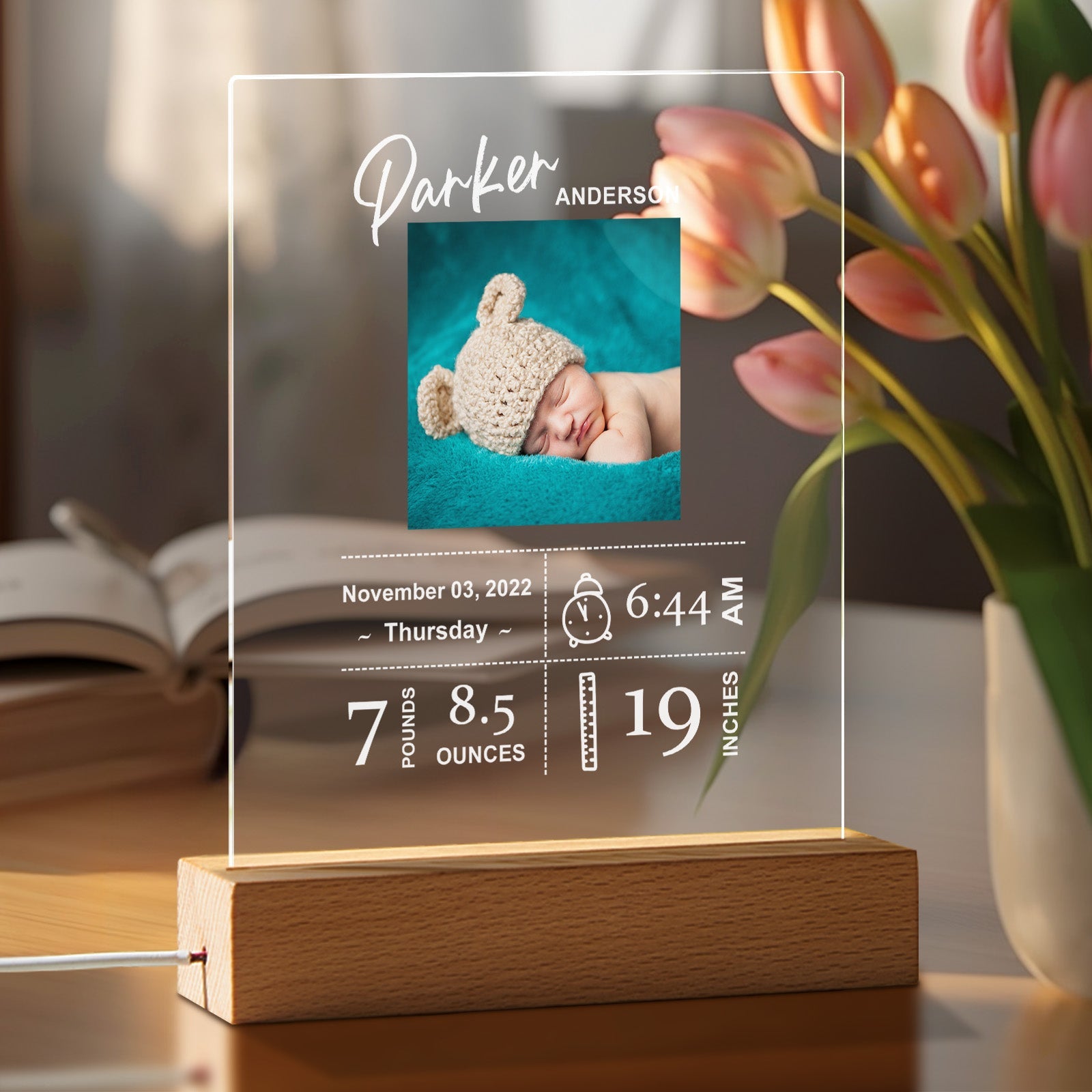 Custom Baby Birth Info Night Light – Personalized Photo Acrylic Lamp Newborn Keepsake Gift & Home Decor - DiyGiftly
