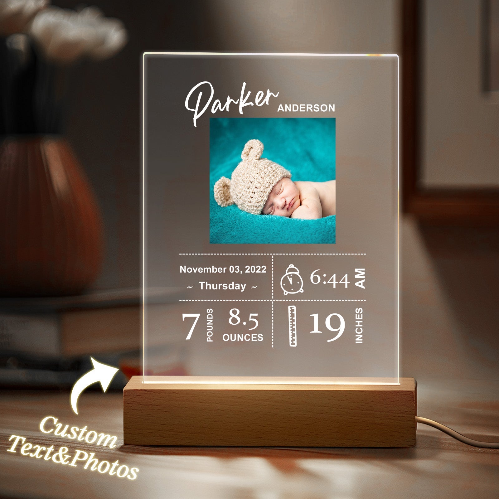 Custom Baby Birth Info Night Light – Personalized Photo Acrylic Lamp Newborn Keepsake Gift & Home Decor - DiyGiftly