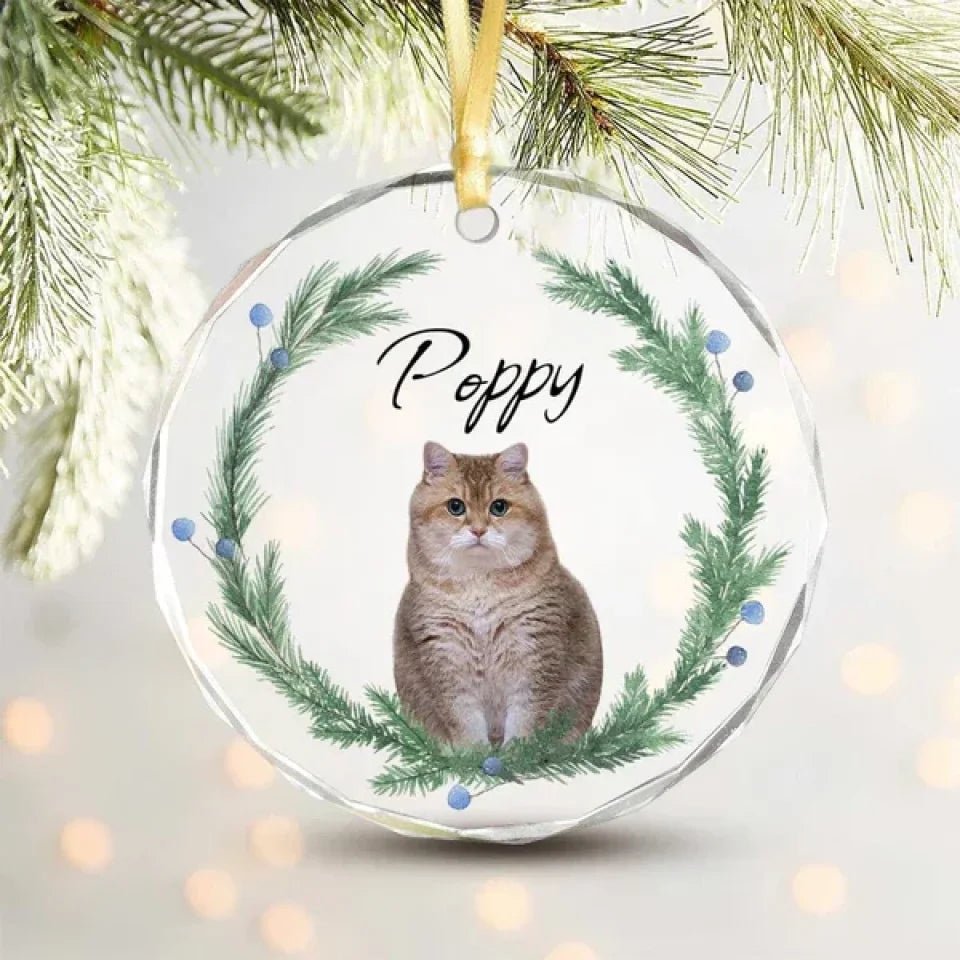 Custom Cat Christmas Photo For Cat Lovers Glass Circle Ornament 689031 - DiyGiftly