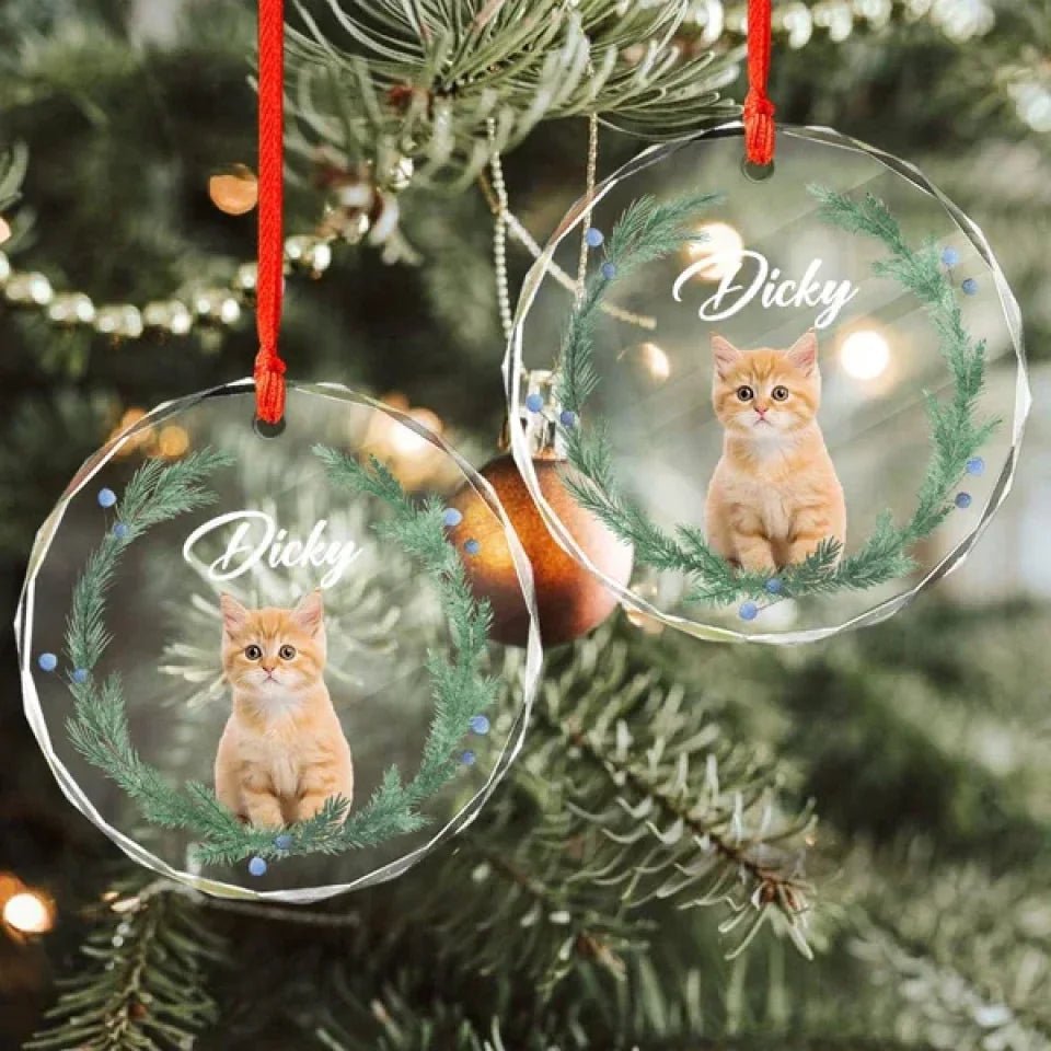Custom Cat Christmas Photo For Cat Lovers Glass Circle Ornament 689031 - DiyGiftly