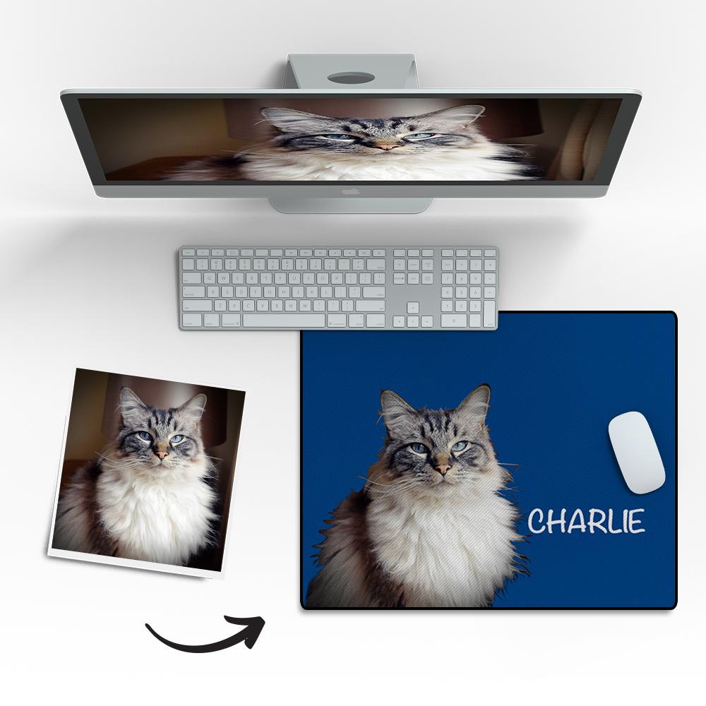 Mouse Pad Personalized Pet Portrait with Name for Desk Decor Grey Blue